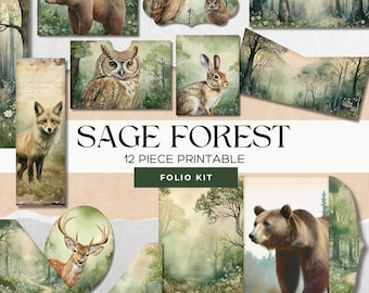 Sage Green Junk Journal Folio Kit, Vintage Forest Ephemera (Printable)