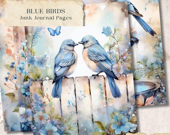 Bluebird Junk Journal Pages, Vintage Bird Printables, Digital Ephemera, Floral Scrapbook Paper, Antique Journal Kit, Watercolor Bird Art