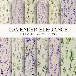 Könnte beinhalten: Eine digitale Sammlung von 12 nahtlosen Mustern mit dem Titel LAVENDER ELEGANCE 12 SEAMLESS PATTERNS. Die Designs zeigen Aquarellillustrationen von violetten Lavendelzweigen und grünem Blattwerk in verschiedenen Anordnungen auf hellen Hintergründen.
