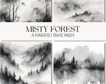 Black and White Misty Forest Watercolor Prints, Printable Scrapbook Paper, Monochrome Backgrounds