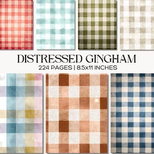 May include: A collection of distressed gingham patterns in various colors, including red, teal, olive green, and beige. The text "DISTRESSED GINGHAM" is displayed, along with "224 PAGES | 8.5x11 INCHES". The patterns are arranged in a grid.