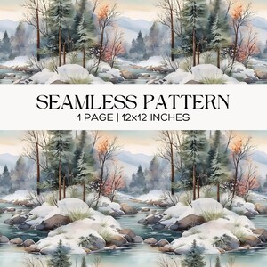 Winter Forest Seamless Pattern, Snowy River Landscape Repeat Tile Fabric Print, Woodland Digital Paper