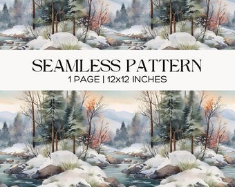Winter Forest Seamless Pattern, Snowy River Landscape Repeat Tile Fabric Print, Woodland Digital Paper
