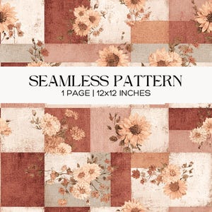 Autumn Floral Check Seamless Pattern, Earthy Rustic Vintage Scrapbook Printable Backgrounds, Digital Paper