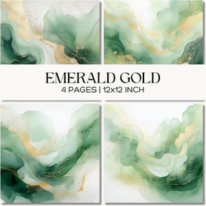 Texture acquerellate color smeraldo e oro, sfondi verdi astratti (download digitale)
