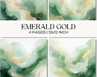 Smaragdgouden aquareltexturen, abstracte groene achtergronden, afdrukbare digitale papierset
