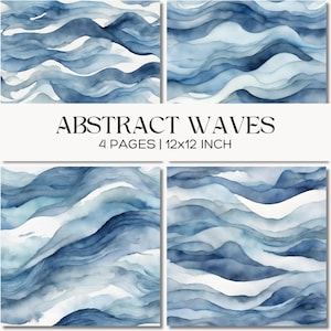 Op de afbeelding: Vier vierkante pagina's met abstracte aquarel golven in verschillende tinten blauw en wit. De tekst ABSTRACT WAVES 4 PAGES | 12x12 INCH is in het zwart in het midden gedrukt. Elke pagina toont vloeiende, gelaagde golfpatronen.