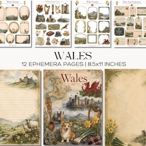 May include: A collection of vintage-style ephemera pages and cutouts with a Welsh theme. The set includes frames, fussy cuts, and travel-themed elements. The pages feature illustrations of castles, landscapes, and a corgi, with the text "WALES" and "12 EPHEMERA PAGES | 8.5x11 INCHES".