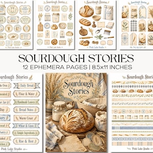 Peut inclure: Un ensemble de 12 pages d'éphémères intitulées Sourdough Stories, mesurant 21,6x27,9 cm. Les pages présentent des illustrations de pain au levain, de blé, de bocaux, de sacs de farine, d'étiquettes, d'étiquettes volantes et de bordures décoratives.