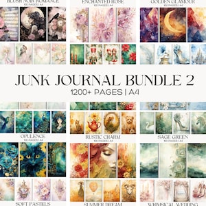 May include: A collection of digital junk journal pages with various themes, including "Blush Noir Romance," "Enchanted Rose," and "Golden Glamour." The bundle includes over 1200 pages in A4 size, featuring watercolor illustrations and vintage-inspired designs.