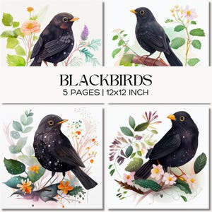 Blackbird Floral Scrapbook Paper, Spring Bird Digital Prints, Junk Journaling, Card Making & Craft Projects