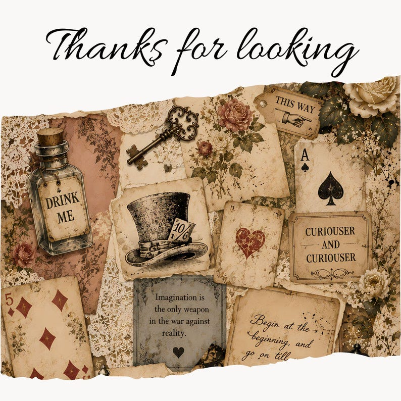 Alice in Wonderland Junk Journal Kit Afdrukbaar verhalenboek Efemere pagina's Theekransje Tags Etiketten afbeelding 8