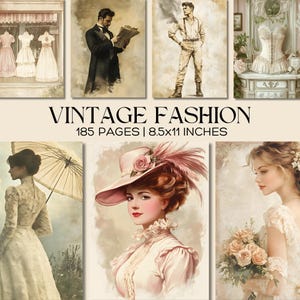 Carta digitale di moda vintage, kit di diario di abbigliamento retrò, effimeri per signore eleganti e signori eleganti, pagine in stile antico, download immediato
