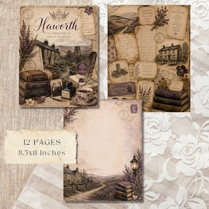 May include: A collection of vintage-style paper ephemera with a Haworth, Yorkshire theme. The design includes illustrations of buildings, stacks of books, and handwritten notes. The text on the paper reads "Haworth, Yorkshire, Home of the Brontes" and "12 Pages, 8.5x11 Inches."