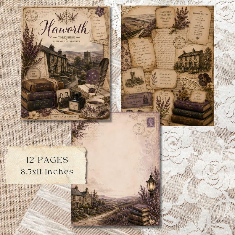 May include: A collection of vintage-style paper ephemera with a Haworth, Yorkshire theme. The design includes illustrations of buildings, stacks of books, and handwritten notes. The text on the paper reads "Haworth, Yorkshire, Home of the Brontes" and "12 Pages, 8.5x11 Inches."