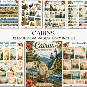 May include: A collection of 12 ephemera pages measuring 8.5x11 inches, featuring tropical Cairns, Australia themes. Includes washi strips, fussy cuts, decorative elements, word strips, tags, labels, and journal cards with floral and coastal imagery.