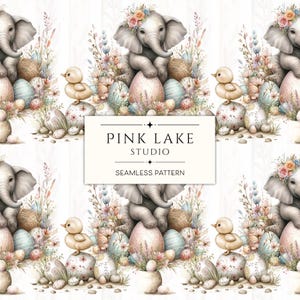 Éléphant de Pâques pastel et motif de poussins, papier numérique sans couture d'oeufs floraux aquarelles, impression de tissu de motif de surface de printemps mignon pour l'artisanat