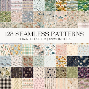 May include: A collection of 128 seamless patterns, curated in set 2, each 12x12 inches. The patterns feature various designs, including floral, animal, and celestial themes, in a variety of colors and styles. The image displays a grid of the different patterns.