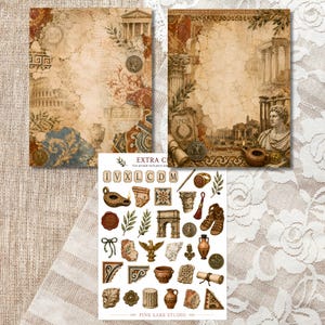 May include: Two rectangular sheets of paper featuring a vintage Roman-themed collage with architectural ruins, columns, and coins, alongside a sticker sheet displaying various Roman icons, including an oil lamp, sandals, and Roman numerals.