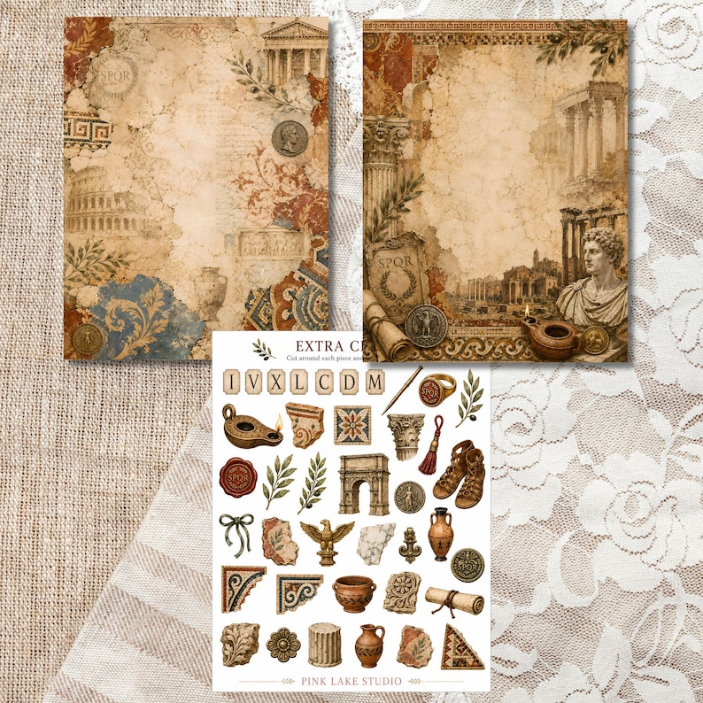 May include: Two rectangular sheets of paper featuring a vintage Roman-themed collage with architectural ruins, columns, and coins, alongside a sticker sheet displaying various Roman icons, including an oil lamp, sandals, and Roman numerals.