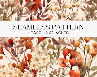 Rustic Fall Wildflower Seamless Pattern, Watercolor Floral Digital Paper Repeat Fabric Surface Design