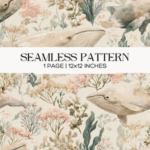 Patrón sin costuras de ballena de acuarela, tela botánica costera, papel tapiz, álbum de recortes, manualidades, papel digital