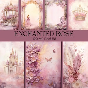 Verzauberte Rose Junk Journal Seiten, A4 druckbare Ephemera, Rosa Märchen Scrapbook Kit, Shabby Chic Vintage digitales Papier, Prinzessinnen Thema