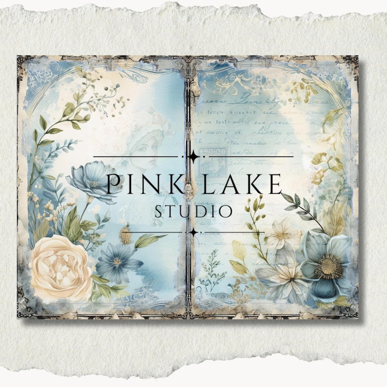 May include: A vintage-style design featuring a soft blue and cream color palette. The design includes floral illustrations, script, and the text "PINK LAKE STUDIO" in a serif font. The overall aesthetic is reminiscent of antique paper.
