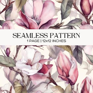 Magnolia Floral Seamless Pattern, Vintage Watercolor Blossom Design, Soft Romantic Botanical Background