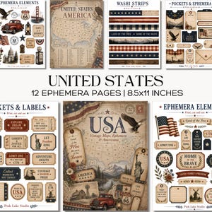 May include: A collection of 12 United States ephemera pages, 8.5x11 inches, featuring vintage maps, labels, pockets, washi strips, and other patriotic elements. Includes illustrations of the American flag, eagle, and landmarks.