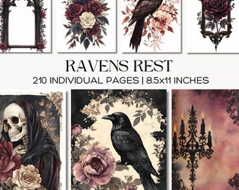 Raven Junk Journal Pages, Halloween Gothic Floral Dark Academia, Skull Crow Scrapbook Paper