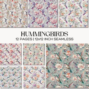 Hummingbird Rose Seamless Pattern, Vintage Inspired Floral Scrapbook Paper Pack, Junk Journal Backgrounds, Digital Paper Set