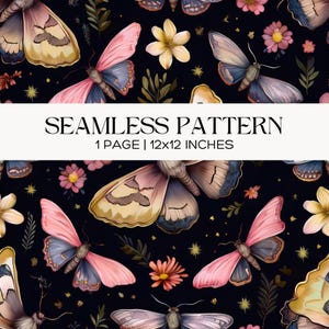 Modèle sans couture papillon, mite florale foncée, papier de scrapbooking noir et rose, papillons à imprimer, papier numérique pour fabrication de cartes