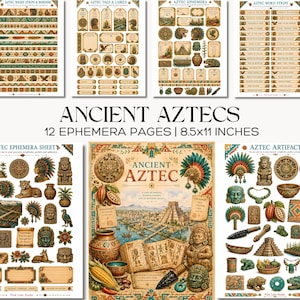May include: A collection of 12 printable ephemera pages featuring Aztec-themed illustrations, including washi strips, tags, labels, and artifacts. The pages display detailed imagery of temples, headdresses, pottery, and corn, measuring 8.5x11 inches.