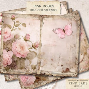 Roze rozen ongewenste dagboekpagina's – Shabby chique vintage digitaal papier, rozencollagevellen, afdrukbare dagboekkit, digitaal rozenpapier