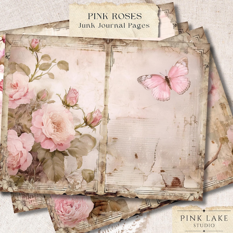 Pink Roses Junk Journal Pages, Shabby Chic Digital Paper Kit, Romantic ...