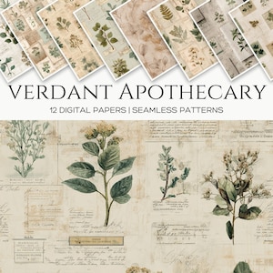 May include: Digital paper set titled "Verdant Apothecary" featuring botanical illustrations and seamless patterns. The papers showcase various plant species in shades of green, beige, and brown, with vintage-style backgrounds and handwritten script elements.