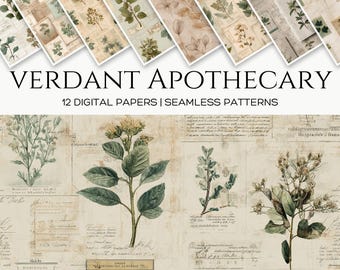 Botanical Plants and Script Seamless Pattern Printable Set, Digital Paper Pack, Greenery Scrapbook Kit