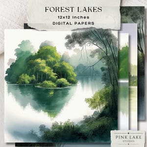 Carta digitale Forest Lake, pacchetto di sfondi naturali, carte per acquerelli panoramiche, texture di foreste e laghi, paesaggio stampabile in formato JPG