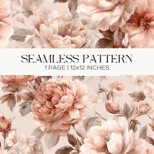 May include: Seamless pattern featuring large, watercolor-style peonies in shades of peach, cream, and brown. The design includes the text "SEAMLESS PATTERN" and dimensions of "1 PAGE | 12x12 INCHES". The floral design is suitable for various applications.