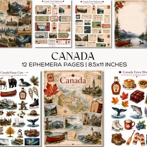 May include: A collection of 12 ephemera pages with a Canadian theme. The pages feature illustrations of Canadian landmarks, maple leaves, and travel-related elements. The pages measure 8.5x11 inches.