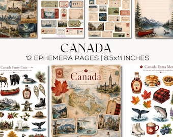 Zestaw do dziennika podróży Canada Junk Journal, strony z pamiątkami z podróży w stylu vintage, z liśćmi klonu i malowniczymi tagami