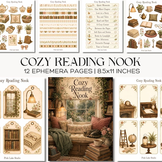 Cozy Reading Nook Junk Journal Kit, Book Lover Printable Ephemera, Cottagecore Library, Scrapbooking