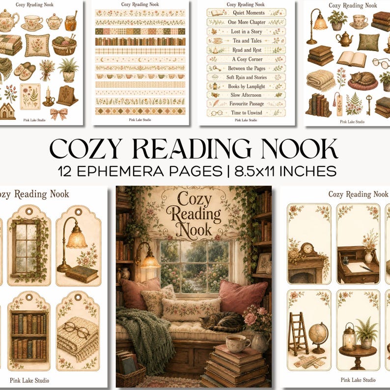 May include: A collection of 12 ephemera pages titled Cozy Reading Nook, measuring 8.5x11 inches. The pages feature illustrations of books, teacups, lamps, plants, cosy blankets, reading nooks, and text labels with phrases like Quiet Moments.