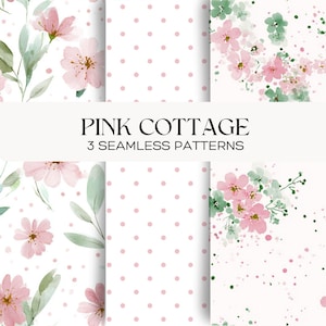 Puede incluir: Tres patrones sin costuras con temática floral. Los patrones incluyen flores rosas, hojas verdes y lunares rosas sobre un fondo blanco. El texto "PINK COTTAGE 3 SEAMLESS PATTERNS" se muestra en el centro.