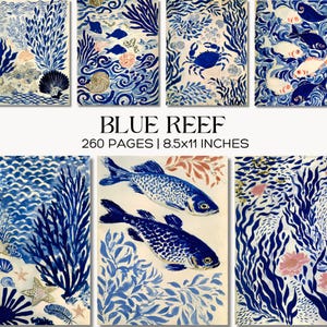 May include: A collection of art prints featuring marine life illustrations in shades of blue, white, and coral. The prints showcase various sea creatures and aquatic plants. The text "BLUE REEF" is displayed, along with the page count and dimensions: 8.5x11 inches.