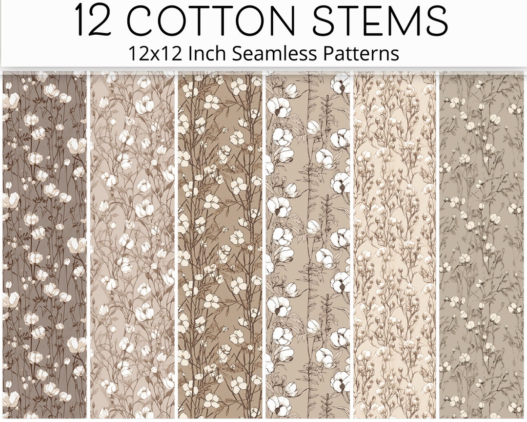 Rustic Cotton Stems, Printable Seamless Patterns, Farmhouse Floral ...