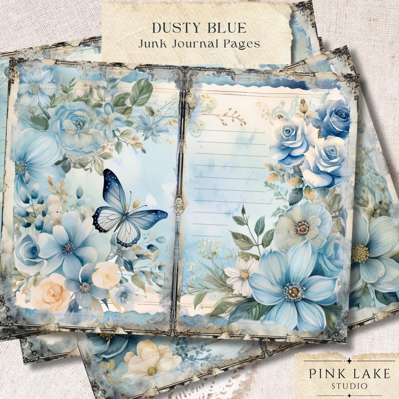 May include: Dusty blue junk journal pages with floral and butterfly illustrations. The pages feature watercolor-style flowers in shades of blue and cream, with a butterfly. The text "Dusty Blue Junk Journal Pages" is at the top.