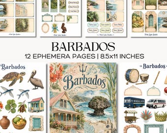 Barbados Junk Journal Kit, Caribbean Travel Ephemera, Tropical Island Scrapbook Pages, Bajan Collage
