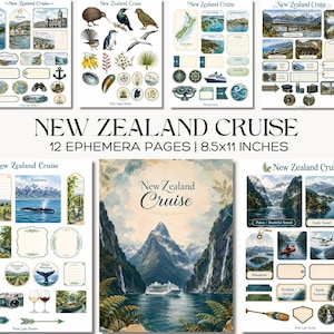 Puede incluir: Un conjunto de 12 páginas de efímera New Zealand Cruise de 21,6x27,9 cm, con ilustraciones de paisajes, fauna nativa, cruceros, trenes y etiquetas, tarjetas y marcos con temática de viajes con el texto New Zealand Cruise.